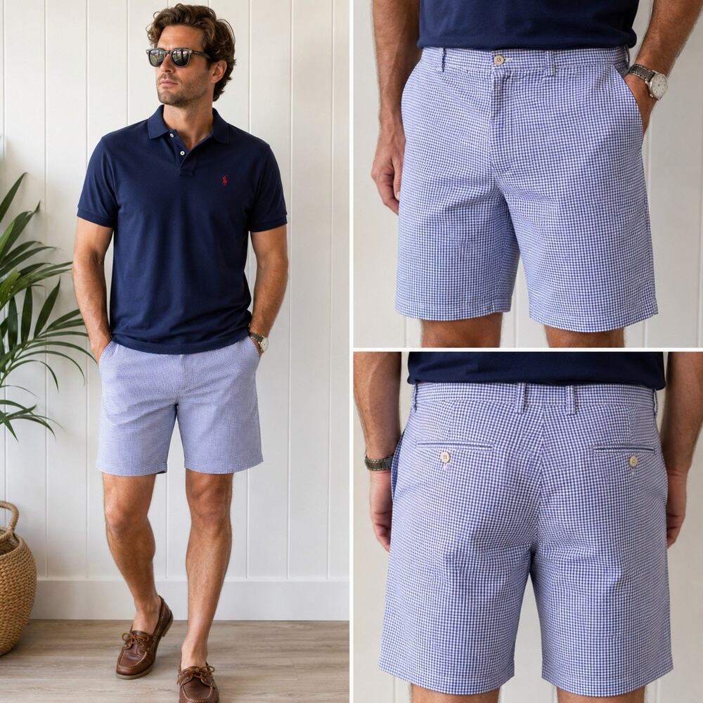 Polo Ralph Lauren Men’s Blue White Gingham Shorts Size 36 Cotton Preppy Classic